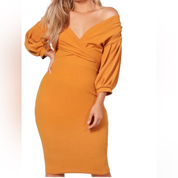 Boohoo NWT Taylor Off the shoulder MIDI dress in Amber size:22 - Picture 4 of 6